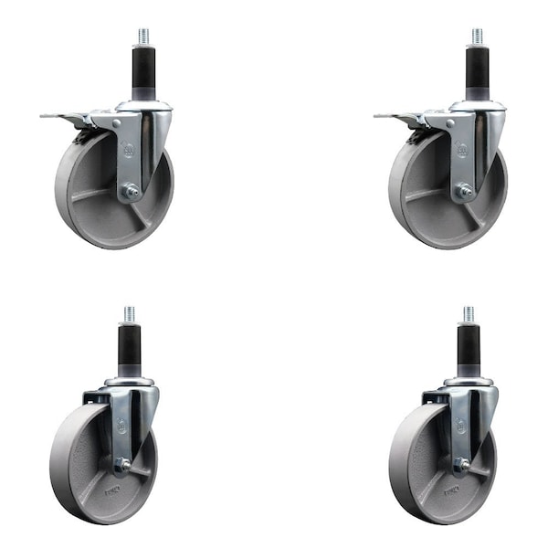 5'' Semi Steel Swivel 1-1/8'' Expanding Stem Caster Set 2 Total Lock Brakes, 4PK
